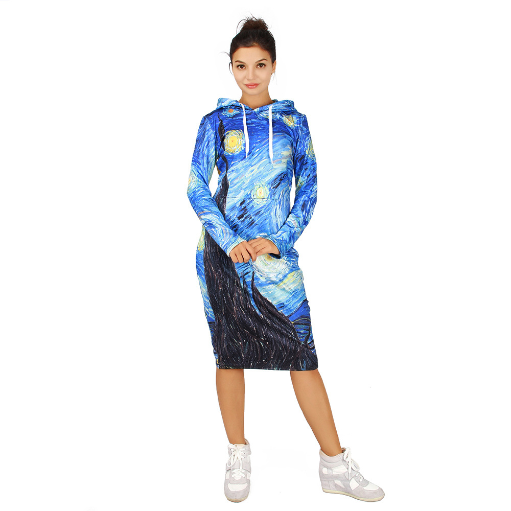 SZ60077 Blue Vortex Hooded Sweatshirt Dress Women Long Sleeve Hoodies Dress